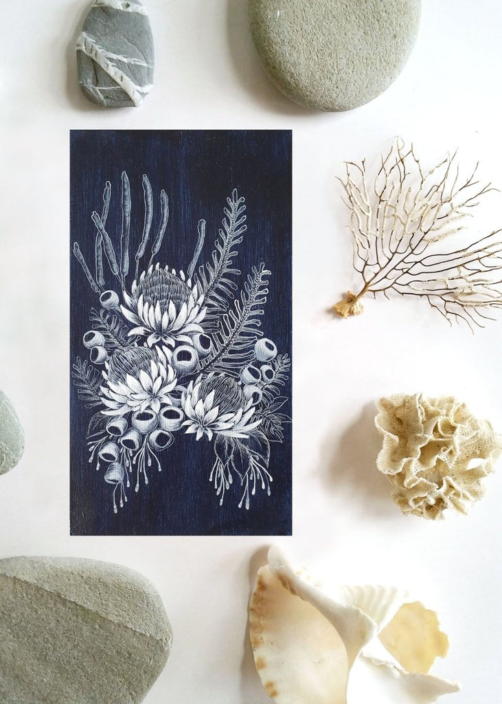 Australian Wildflower Bouquet Woodblock Painting Indigo Blue White 14 x 25cm No 17 - Artista Style