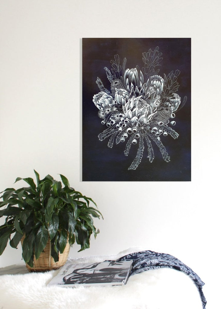 Dark Blue White Native Flowers Woodblock Painting 45x60cms No 30 - Artista Style