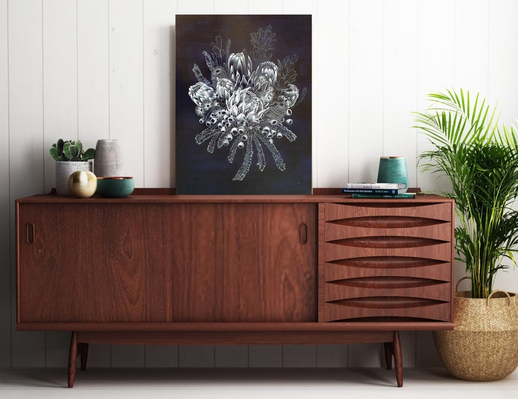 Dark Blue White Native Flowers Woodblock Painting 45x60cms No 30 - Artista Style