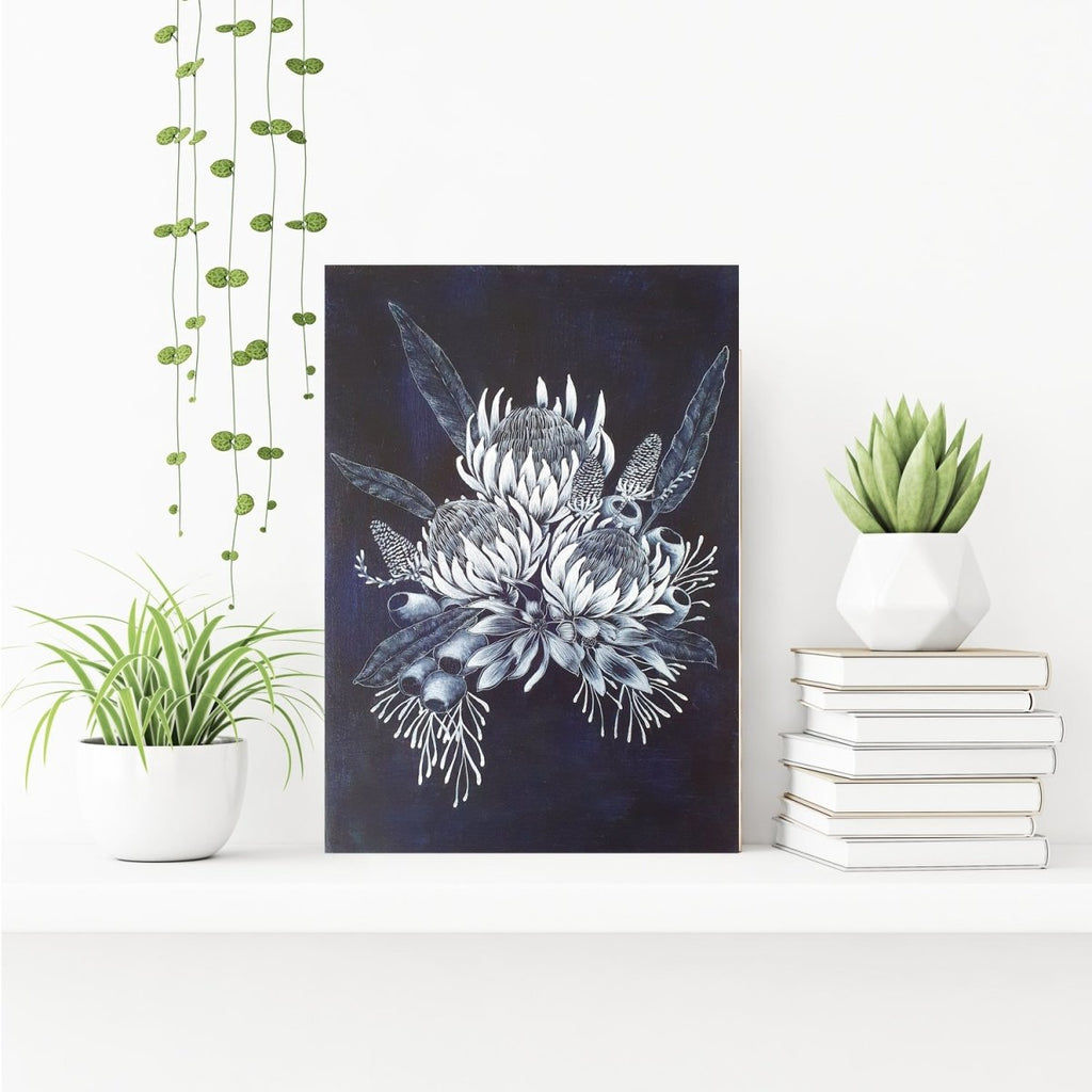 Waratah Bouquet Woodblock Painting Blue White 25x35cms No 13 - Artista Style